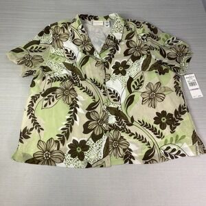 Alfred Dunner Button Up Blouse Women's 2X Green‎ Floral Short Sleeve NWT